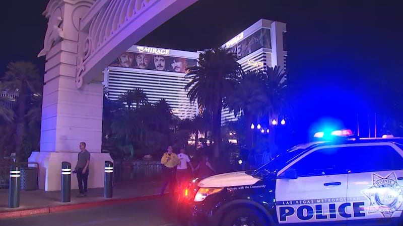A heavy police presence is seen at Mirage Hotel following a shooting Thursday night.