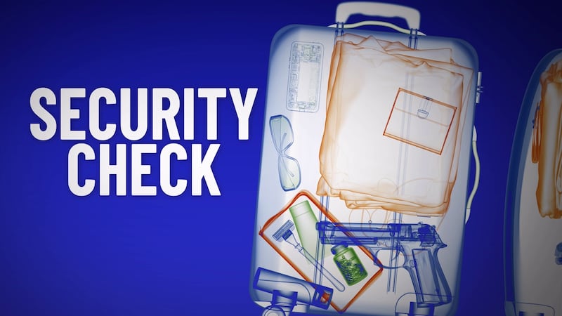 A simulated x-ray of a suitcase on a blue background with the words "Security Check." The mock...