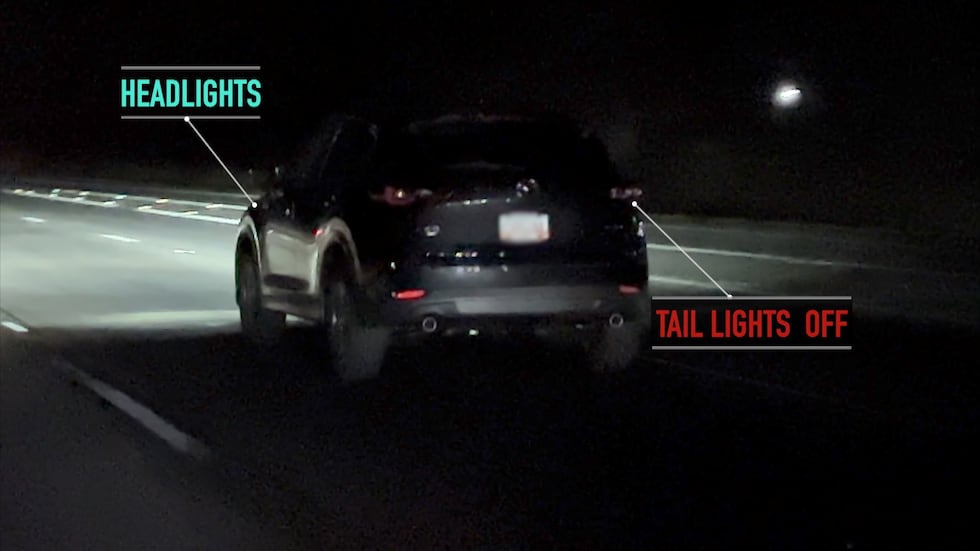 A graphic showing a vehicle driving at night. Notation highlights how it appears the...